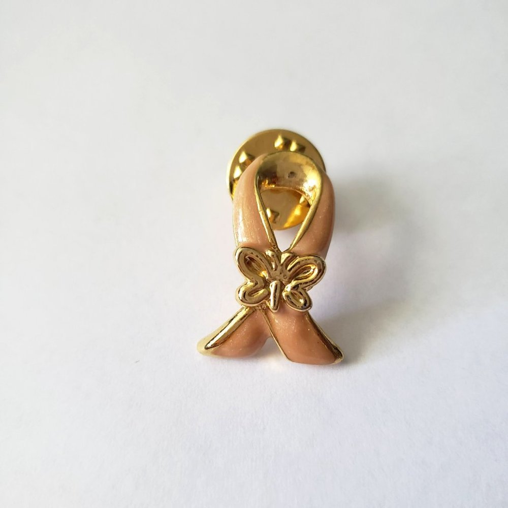 Vintage Enamel Peach Ribbon with Butterfly Pin